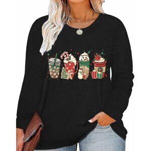 Plus Size Christmas T-Shirt Cotton Blend Snowman Graphic Long Sleeve Casual